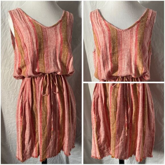 DREW for Anthropologie, Red Nat Dobby, Striped, Drawstring Linen Dress - Picture 14 of 15